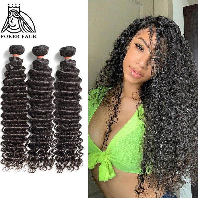 Poker Face Deep Wave 8-30 Inch Brazilian Non Remy Hair Nature Color 100% Human Hair Weaving Water Weave 3 4 Bundles Double Drawn - BzilHair – Brazilian Hair