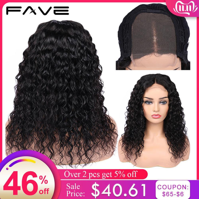 FAVE Human Hair Lace Wigs 4x4 Lace Closure Water Wave Wig 150% Density Brazilian Remy Wig 8-24