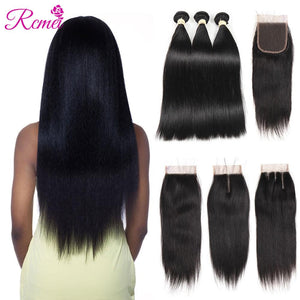 Rcmei Brazilian Straight Human Hair Bundle with Closure 3 Bundles With Closure Natural Black Color Non Remy Human Hair Extension - BzilHair – Brazilian Hair