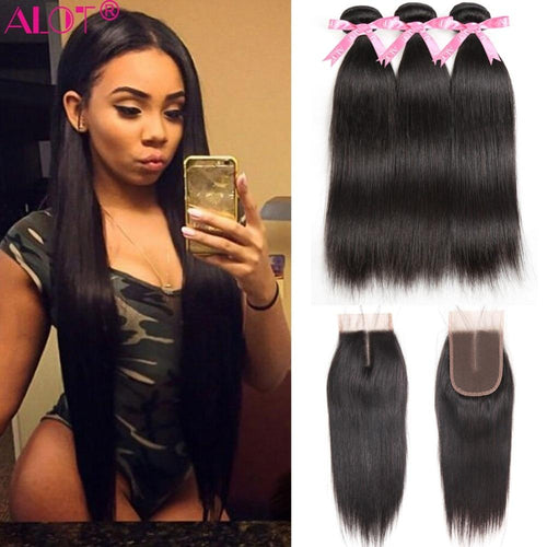 Alot Peruvian Straight Hair Bundles With Closure 3 Bundles With Closure Human Hair Weave Bundles With Closure Non Remy 4 Pcs/lot - BzilHair – Brazilian Hair