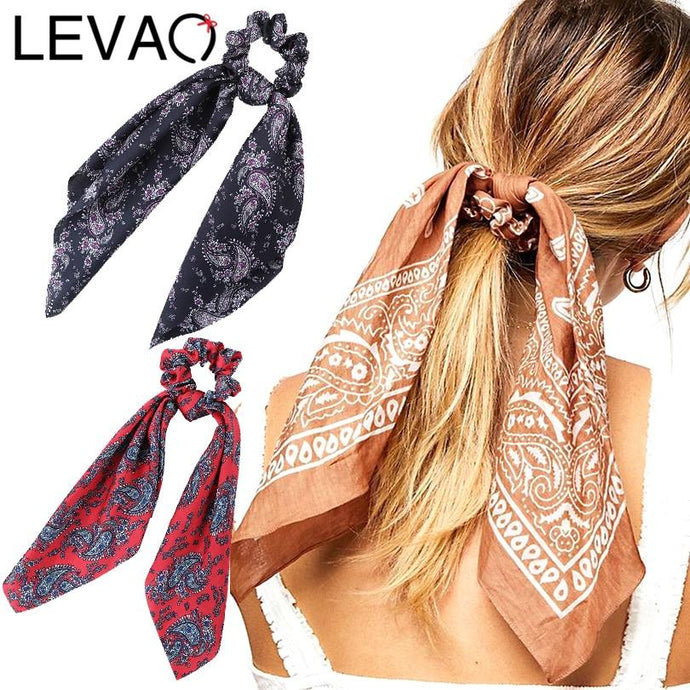 LEVAO Floral Print Scrunchie Women Hair Scarf Elastic Bohemian Hairband Bow Hair Rubber Ropes Girls Hair Ties Accessories - BzilHair – Brazilian Hair