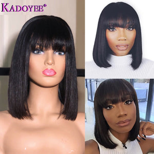 Short Lace Front Human Hair Wig Brazilian Remy Hair Bob Wig with Bangs 10" Pre Plucked Lace Wig Natural Hairline For Black Women - BzilHair – Brazilian Hair
