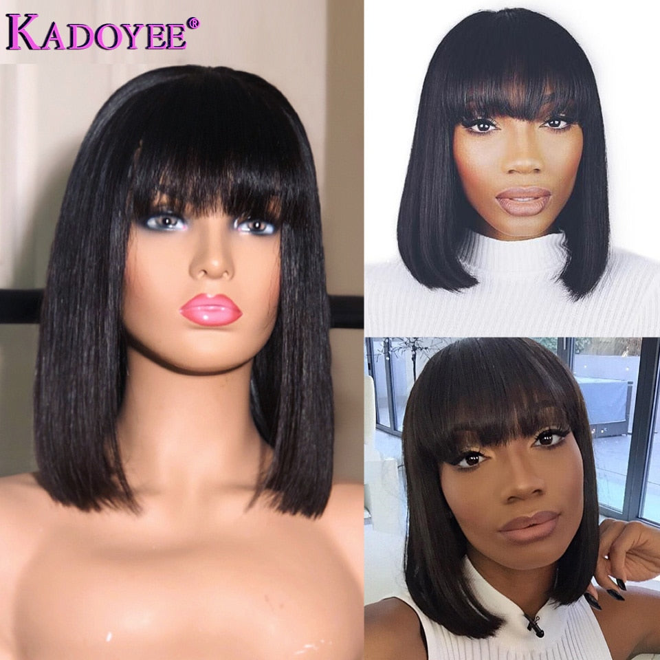 Short Lace Front Human Hair Wig Brazilian Remy Hair Bob Wig with Bangs 10