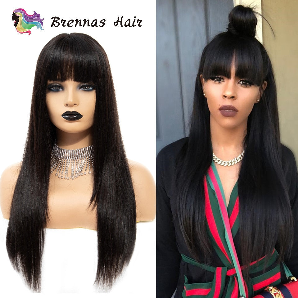 Straight lace frontal wig with bangs Brazilian human hair glueless front lace wig For Black Women Pre Plucked bleached knots - BzilHair – Brazilian Hair